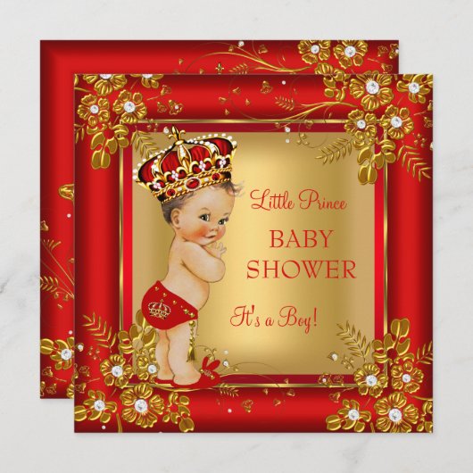 プリンスボーイベビーシャワー金ゴールドレッドブルネット 招待状 (正面/裏面)
