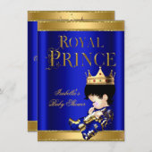 プリンスボーイ王室のベビーシャワーブルー金ゴールド 招待状 (正面/裏面)