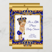 プリンスボーイ赤ちゃんシャワーブルー華美金ゴールドブルネット 招待状 (正面/裏面)