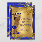 プリンスボーイ赤ちゃんシャワー金ゴールドブルーアフリカアメリカ 招待状 (正面/裏面)