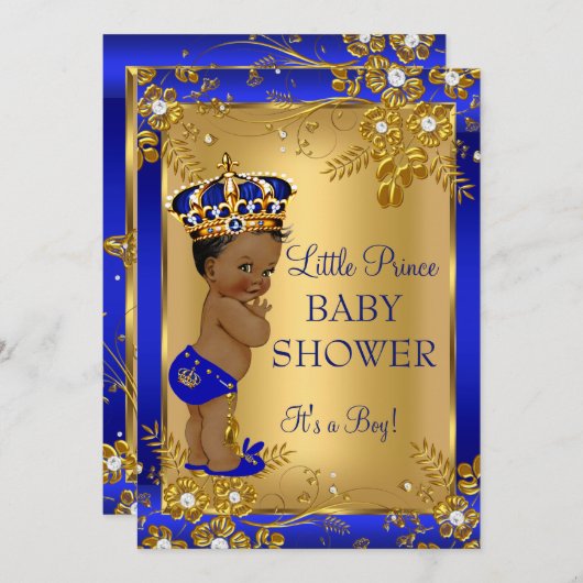 プリンスボーイ赤ちゃんシャワー金ゴールドブルーアフリカアメリカ 招待状 (正面/裏面)