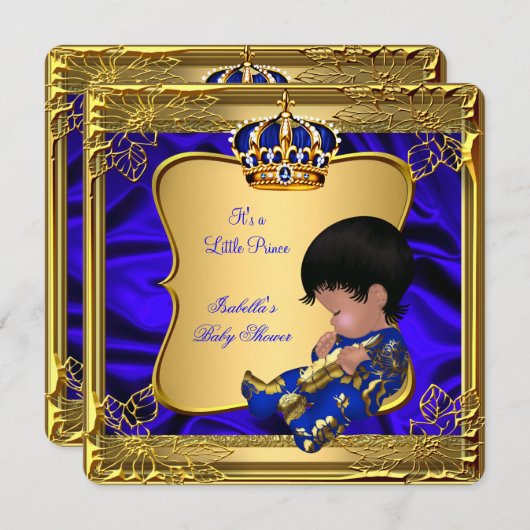 プリンスボーイ赤ちゃんシャワー青アフリカ系アメリカ金ゴールド 招待状 (正面/裏面)