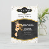 プリンスボーイ赤ちゃんシャワー | ブラックフェイク金ゴールドグリッター 招待状 (スタンド正面)