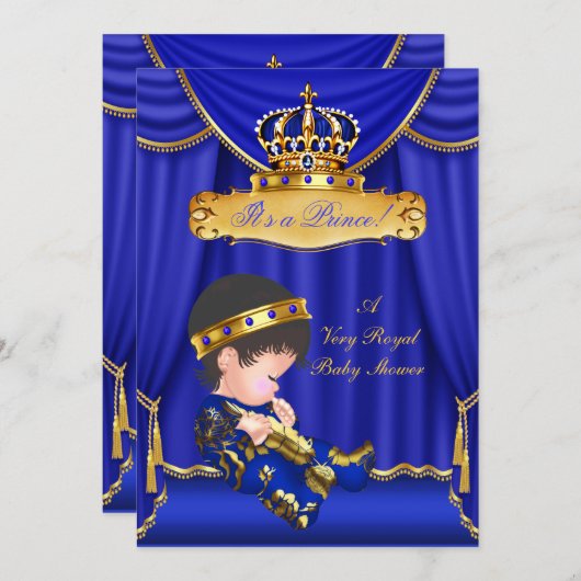 プリンスボーイ赤ちゃん王室のシャワーブルードレープブルネット 招待状 (正面/裏面)