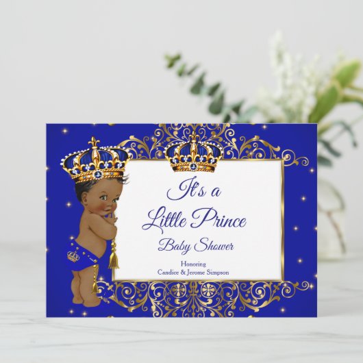 プリンスボーイ赤ちゃん王室のシャワーブルー金ゴールドエスニック2 招待状 (スタンド正面)