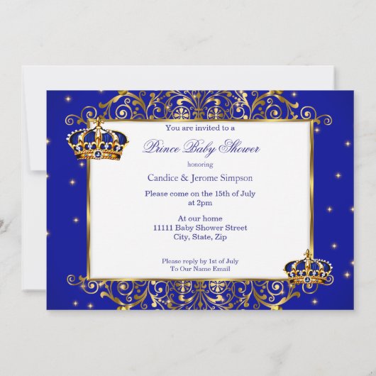 プリンスボーイ赤ちゃん王室のシャワーブルー金ゴールドエスニック2 招待状 (裏面)