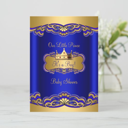 プリンスボーイ赤ちゃん王室のシャワーブルー金ゴールドクラウン 招待状 (スタンド正面)