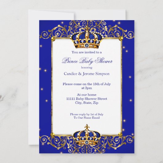 プリンスボーイ赤ちゃん王室のシャワーブルー金ゴールド民族 招待状 (裏面)