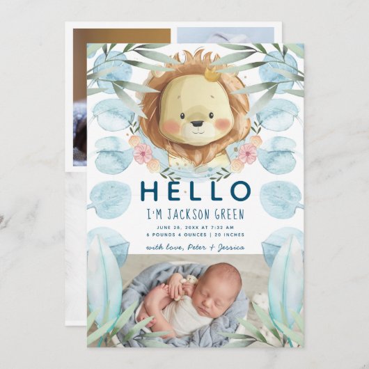 プリンスライオンイラストレーションフォトコラージュ誕生 案内状 (正面/裏面)