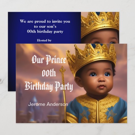 プリンス少年誕生日青金色アフリカ系アメリカ人2 招待状 (正面/裏面)