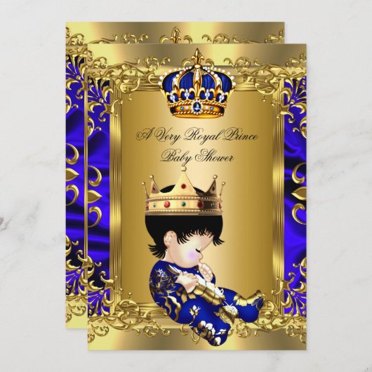 プリンス王室のブルーボーイベビーシャワーRegal金ゴールド2a 招待状 (正面/裏面)