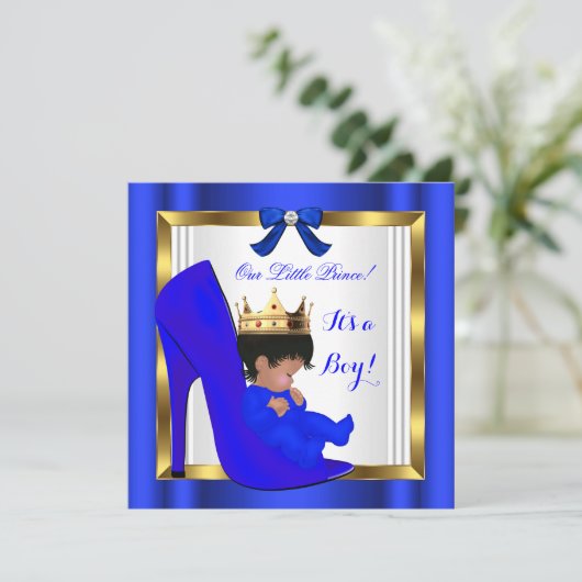 プリンス王室のベイビーシャワーかわいい男の子ブルーシューズ 招待状 (スタンド正面)
