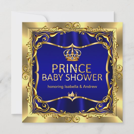 プリンス王室のベイビーシャワーボーイブルー金ゴールド招待状 招待状 (正面)