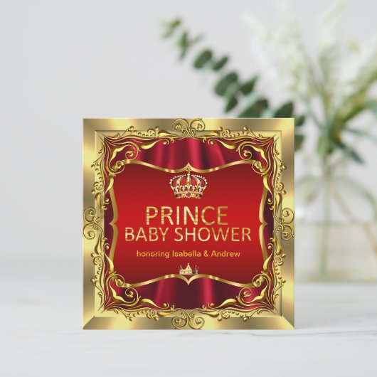 プリンス王室のベイビーシャワーボーイレッド金ゴールド招待状 招待状 (スタンド正面)