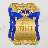 プリンス王室のベビーシャワーブルー金ゴールドボウボーイ 招待状 (正面/裏面)