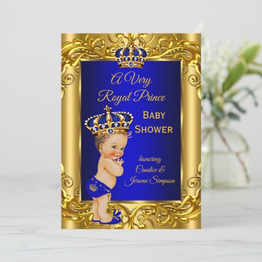 プリンス王室のベビーシャワー王室のブルー金ゴールドブルネット 招待状 (スタンド正面)