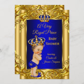 プリンス王室のベビーシャワー王室のブルー金ゴールドブルネット 招待状 (正面/裏面)