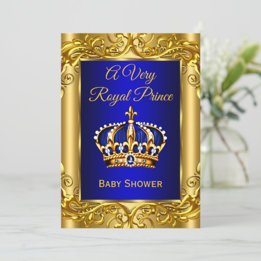 プリンス王室のベビーシャワー王室のブルー金ゴールド 招待状 (スタンド正面)