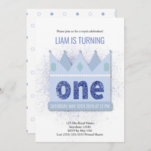 プリンス王室の1歳の誕生日招待状 |クラウン 招待状 (正面/裏面)