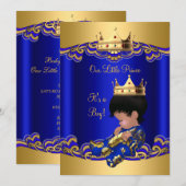 プリンス男の子ベビーシャワー 青 アフリカ系アメリカ人 3a 招待状 (正面/裏面)