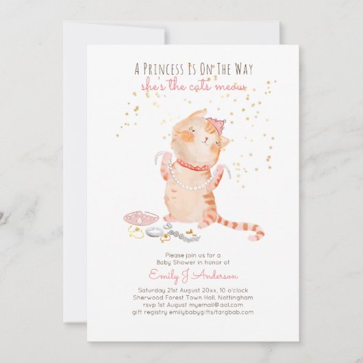 プリンス赤ちゃんシャワー猫子女ピンクかわいい 招待状 (正面)
