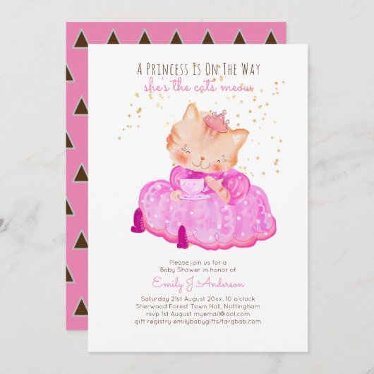 プリンス赤ちゃんシャワー猫子女ピンクかわいい 招待状 (正面/裏面)