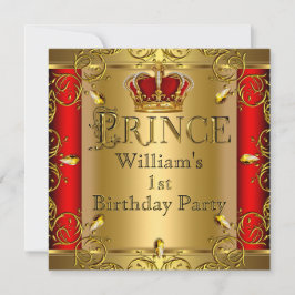 プリンス1歳の誕生日ボーイレッド金ゴールドクラウン2 招待状