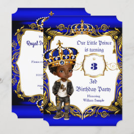 プリンス3歳の誕生日パーティーブルーゴールドクラウンエスニック 招待状