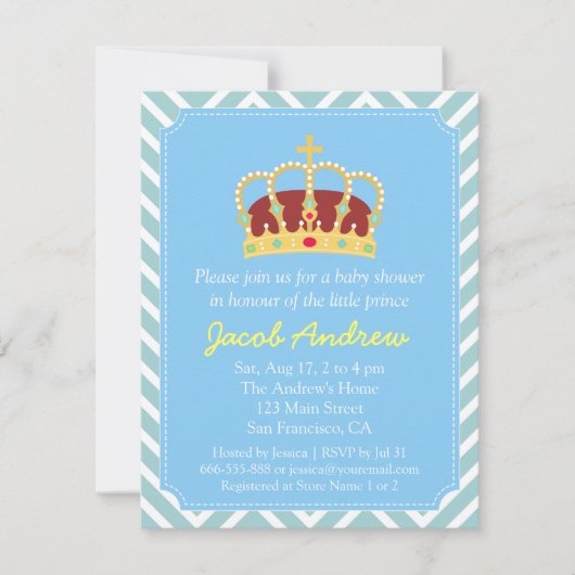 プリンス クラウン ベイビー シャワー ブルー ホワイト チェック 招待状 (正面)