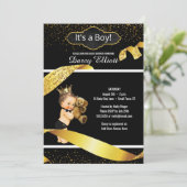 プリンス·ボーイ·ベイビー·シャワー|ブラックフェイク金ゴールドグリッター 招待状 (スタンド正面)