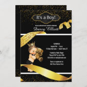 プリンス·ボーイ·ベイビー·シャワー|ブラックフェイク金ゴールドグリッター 招待状 (正面/裏面)