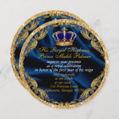 プリンス ロイヤル ブルーとゴールドのクラウンとシルクの招待状 招待状 (正面/裏面)