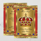 プリンス ロイヤル ブルー 男の子 ベビーシャワー 王室 赤 ゴールド 3 招待状 (正面/裏面)