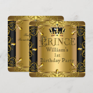 プリンス 誕生日 おとこのこ ブラック ゴールド クラウン 招待状