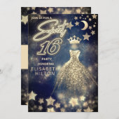 プリンセクールス金ゴールドシークンズのドレスムーンスターズ青 招待状 (正面/裏面)