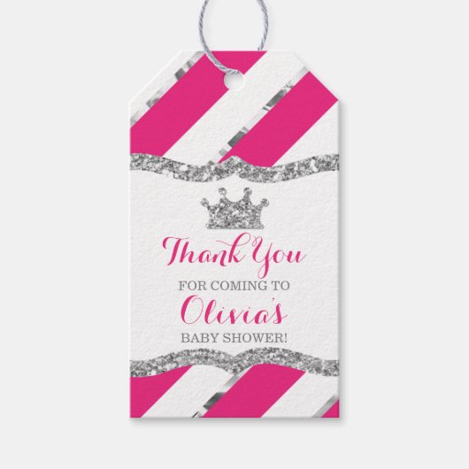 プリンセスありがとうラベル、ピンク、フェイクグリッター、クラウン ギフトタグ (正面)