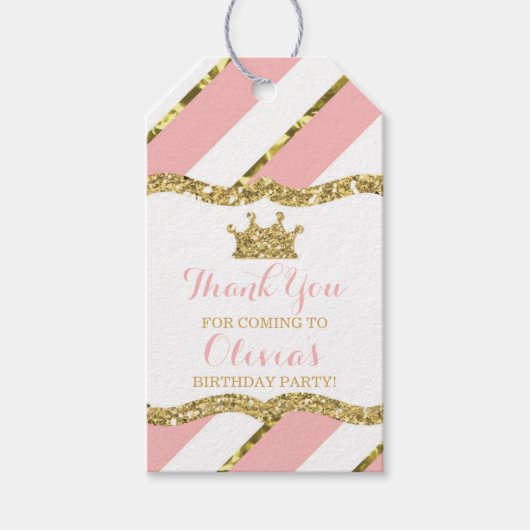 プリンセスありがとうラベル、ピンク、金ゴールドグリッター、クラウン ギフトタグ (正面)