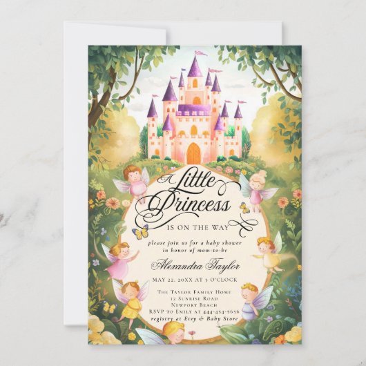 プリンセスおとぎ話の城の妖精ベビーガールシャワー 招待状 (正面)