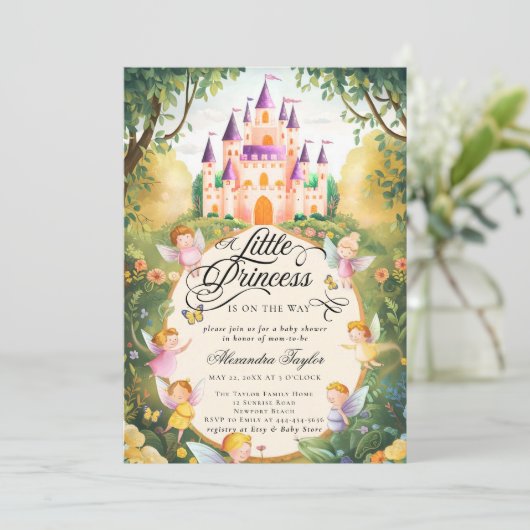 プリンセスおとぎ話の城の妖精ベビーガールシャワー 招待状 (スタンド正面)