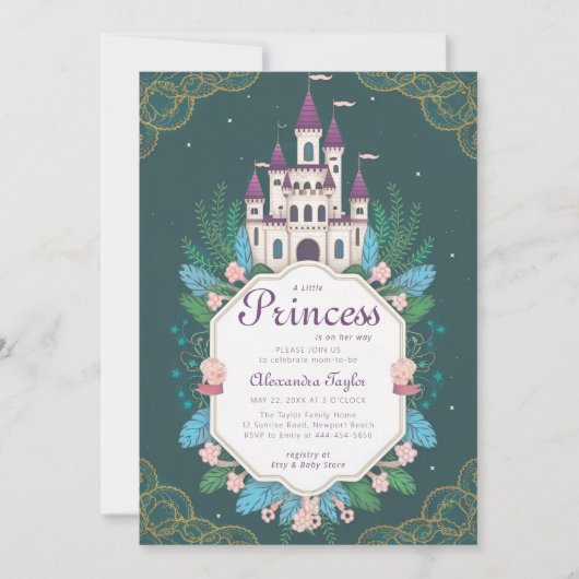 プリンセスおとぎ話の城の森ベビーガールシャワー 招待状 (正面)