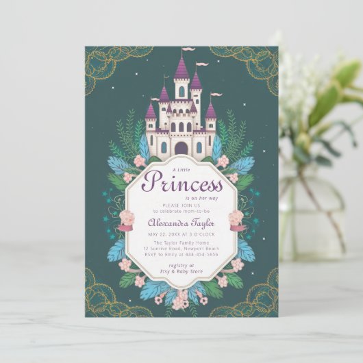 プリンセスおとぎ話の城の森ベビーガールシャワー 招待状 (スタンド正面)