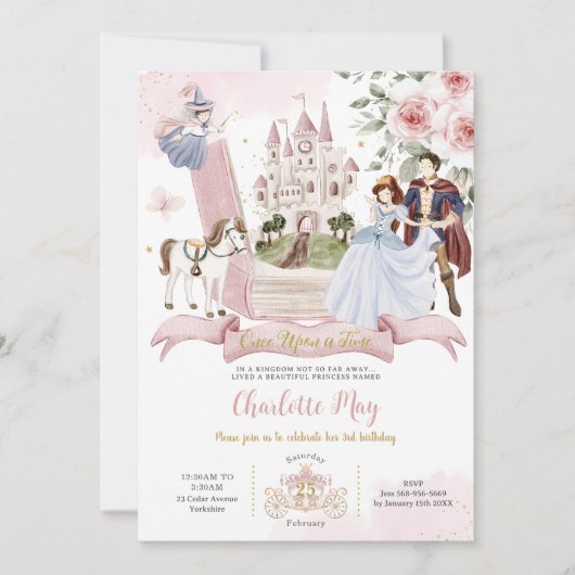 プリンセスおとぎ話の本ワンスオンザタイム誕生日 招待状 (正面)