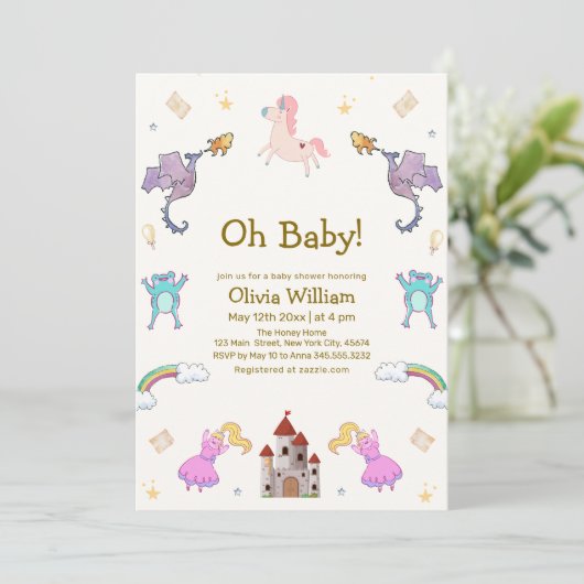 プリンセスおとぎ話ドラゴンユニコーンベビーシャワー 招待状 (スタンド正面)