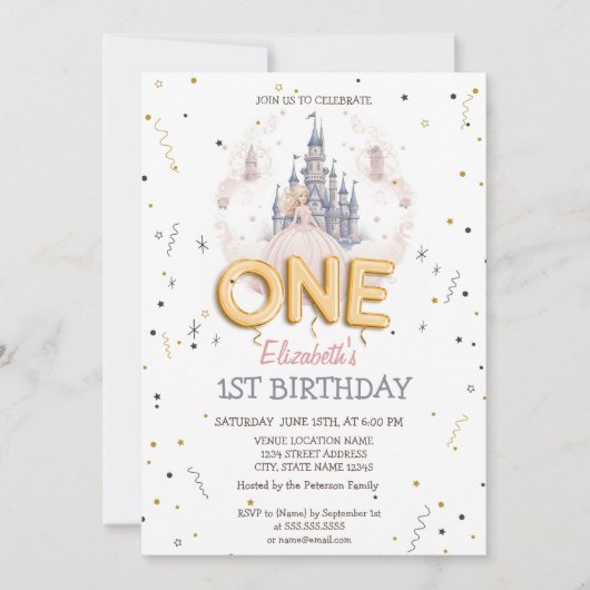 プリンセスおとぎ話 1歳の誕生日 招待状 (正面)