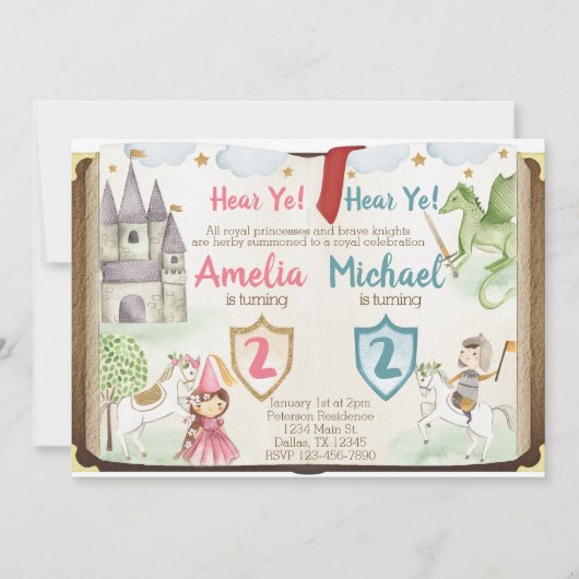 プリンセスおよび騎士誕生日のパーティの招待状 招待状 (正面)