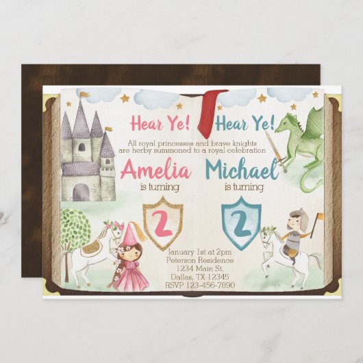 プリンセスおよび騎士誕生日のパーティの招待状 招待状 (正面/裏面)
