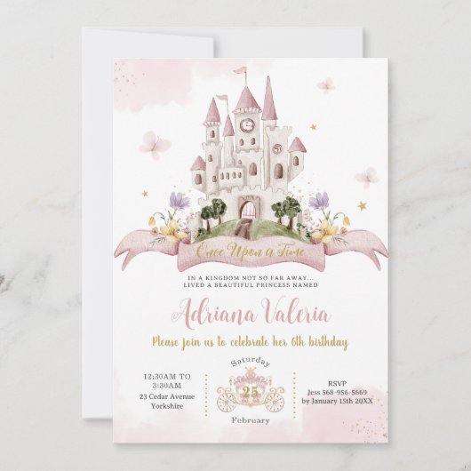 プリンセスお洒落フェアリータールキャッスルピンク誕生日 招待状 (正面)