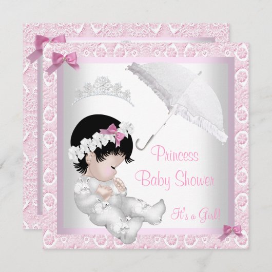 プリンセスかわいい赤ちゃんシャワーピンクかわいらしレース 招待状 (正面/裏面)