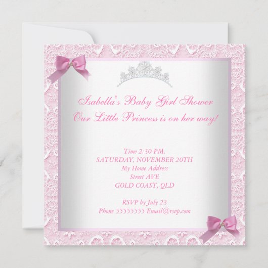 プリンセスかわいい赤ちゃんシャワーピンクかわいらしレース 招待状 (裏面)