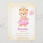プリンセスくまちゃんピンクの女の子の誕生日招待状 招待状 (正面/裏面)